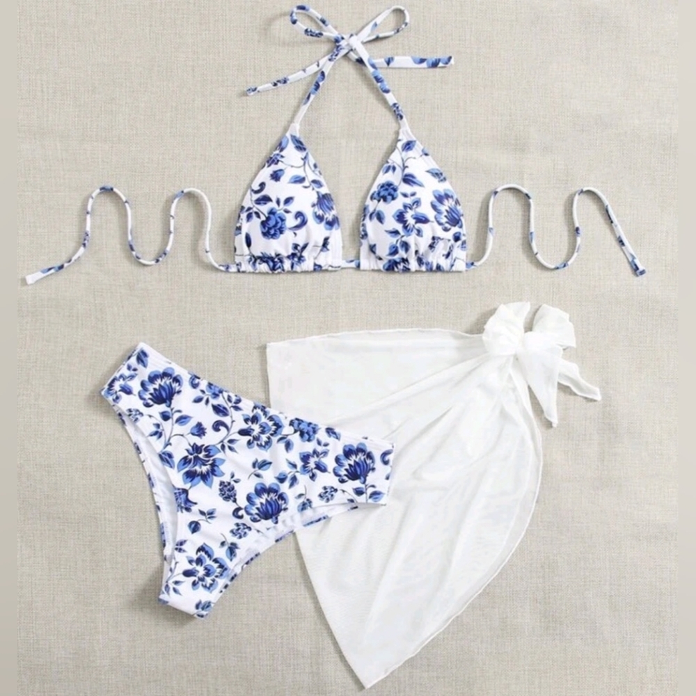 3 Halter Triangle Bikini & Beach Dresses with flower print.